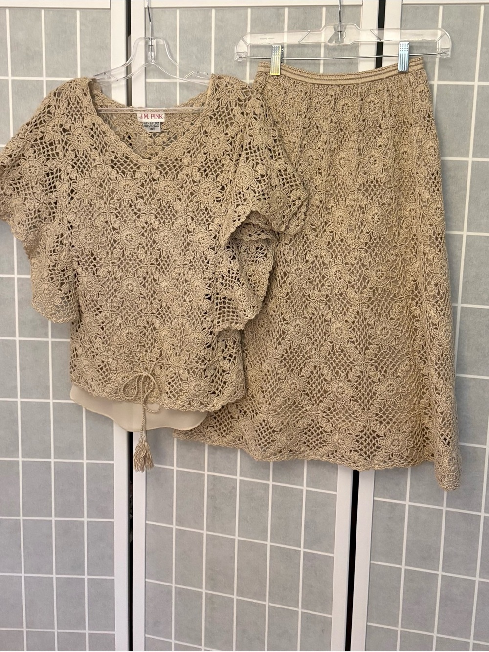 JM PINK Beige Crochet Midi Dress Set - V-Neck Top & Skirt